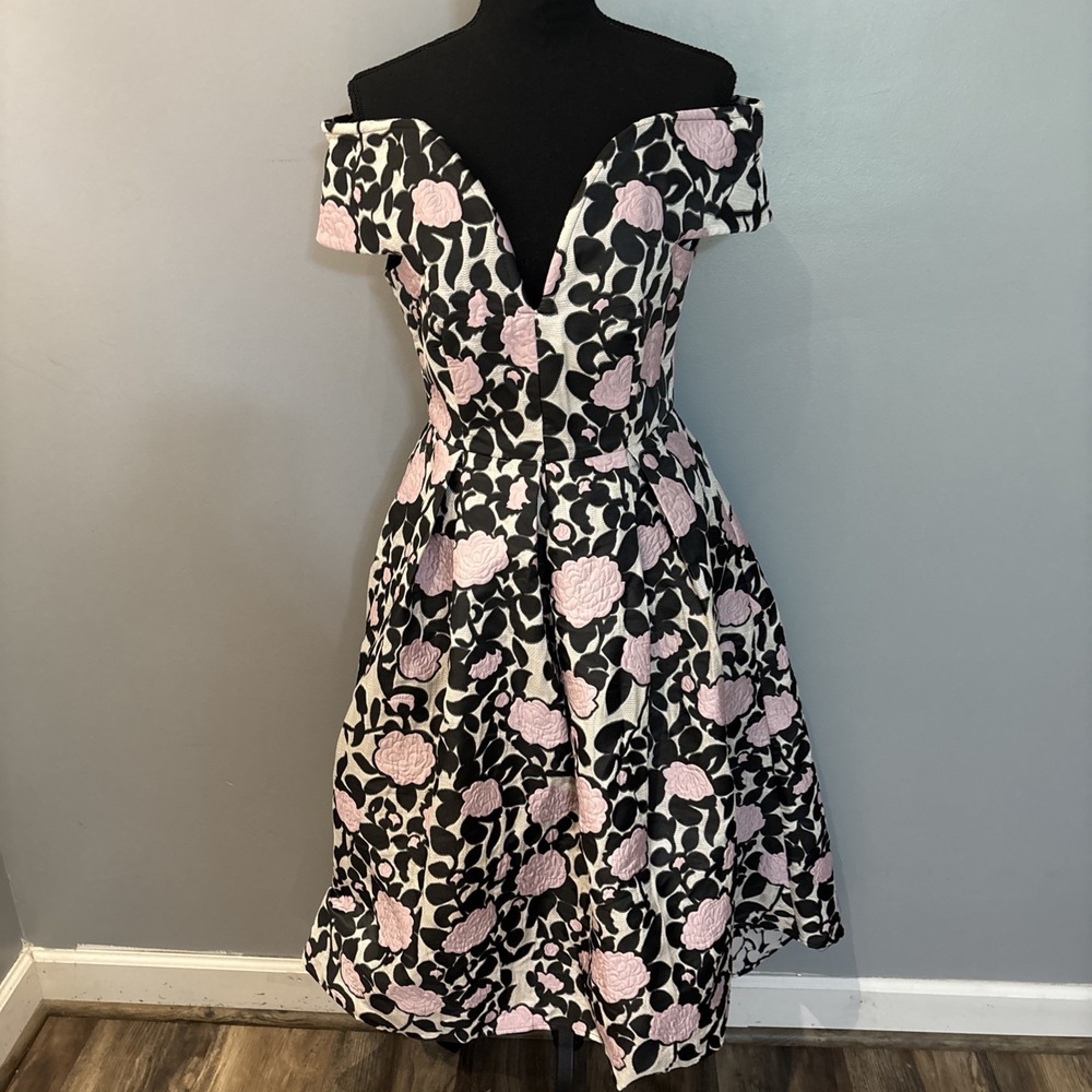 ASOS Floral Bardot Dip-Back Formal Dress Jacquard Black Pink Floral Motif Size 6